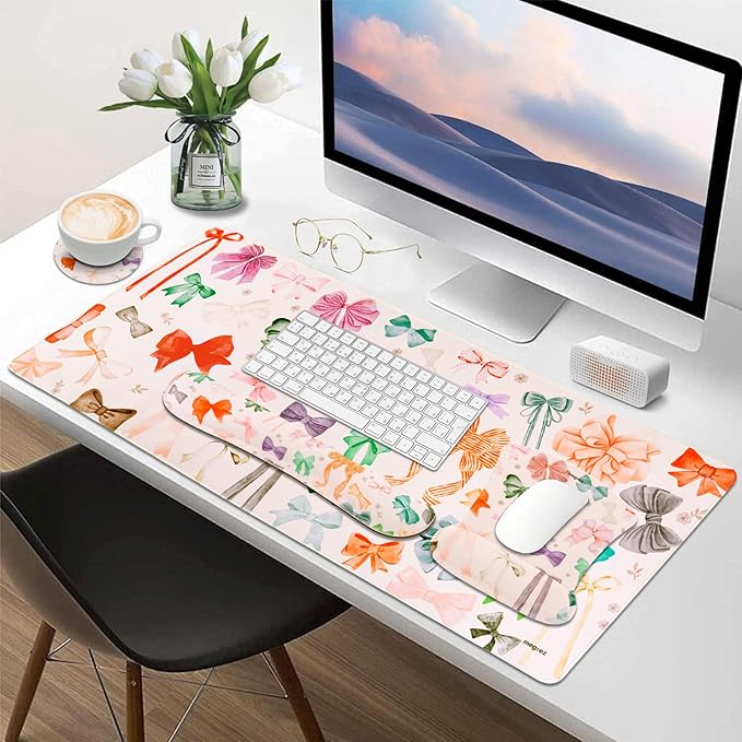 MEGREZ 4-in-1 Ergonomic Memory Foam Wrist Rest Set Desk Pad Mouse Pad with Wrist Rest Keyboard Pad Suitable for Office Workers Programmers &amp Gamers–Relieve Typing &amp Gaming Fatigue White