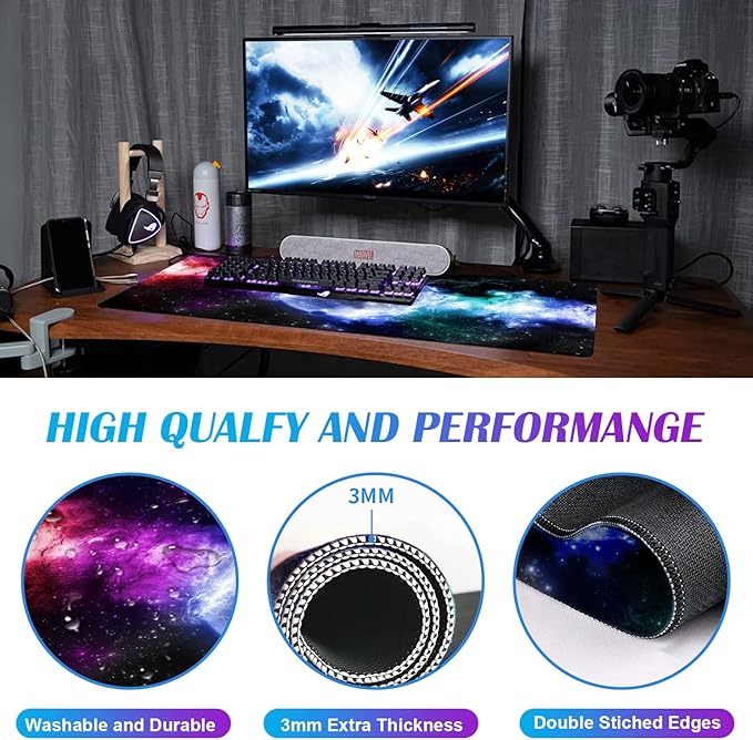 Large Extended Gaming Mouse Pad with Stitched Edges Non-Slip Waterproof Rubber Base Mouse Pad for Office Computer Keyboard Laptop and Home Desk Pad 35.4 x 15.7 x 0.12 Inch (Nebula Starry Sky)