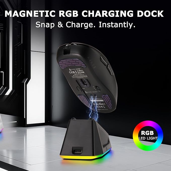 AJ179PRO PAW3395 26000 DPI Gaming Mouse 8000Hz Polling Rate 58g Ultra-Light Tri-Mode (2.4G/Wired/Bluetooth 5.2) Magnetic RGB Charging Dock Ergonomic Right-Hand Design Black