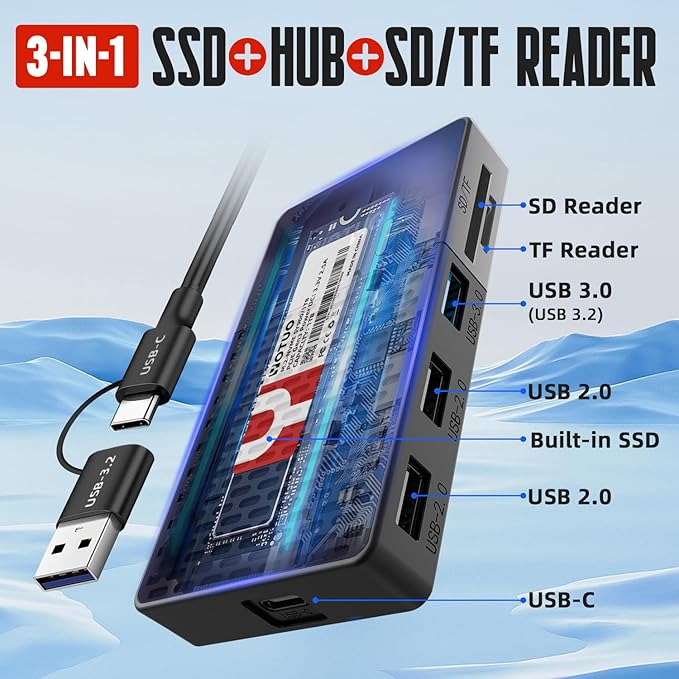 3 in 1 Portable SSD 500GB Up to 1050MB/s USB-C External Solid-State Drive with Multi-Port USB 3.2 Hub SD/TF Card Reader. Docking Station with PC/Mac/laptop/iPhone 17/Windows/Android/Linux/iOS