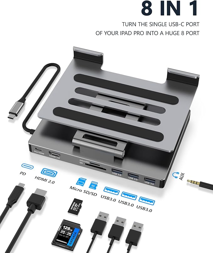 iPad Pro USB C Hub Stand Multiport Adapter for iPad Pro M4 M3 M2 M1 13 12.9 11 Inch iPad Air Docking Station Foldable 4K 60Hz HDMI PD Charging SD/TF Card Reader 3 USB 3.0 3.5mm Audio