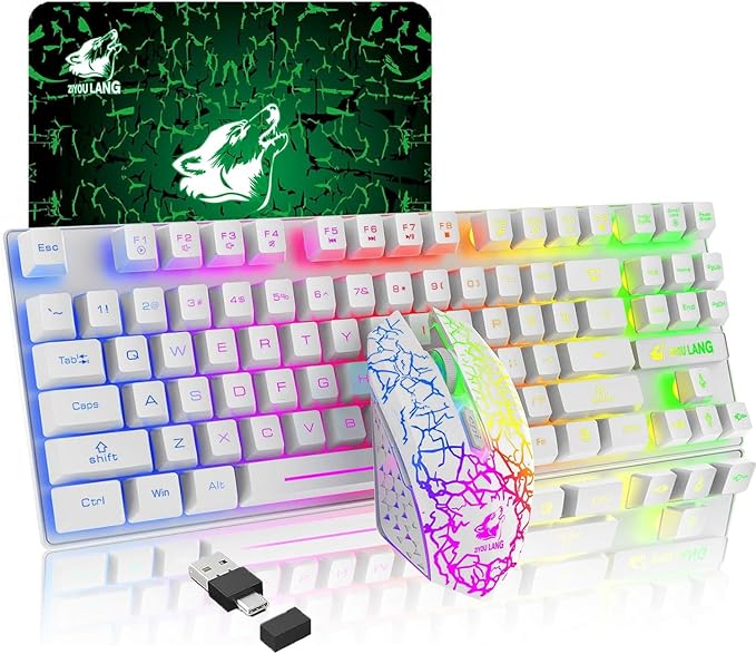LexonElec Wireless RGB Backlit Gaming Keyboard Mouse ComboRechargeable 3800mAh Battery 87-Key Mechanical Feel Keyboard Quiet Mouse and Mouse Pad for Gamers and Office Typists(White)