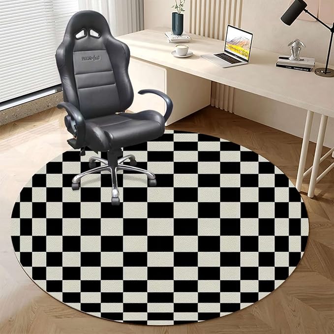 White Charcoal PU Leather Office Chair Mat for Hardwood Floor Checkers Game Geometric Grid Style Computer Chair Matfor Rolling ChairLarge Floor Protector Checkered Diameter 35.4 in