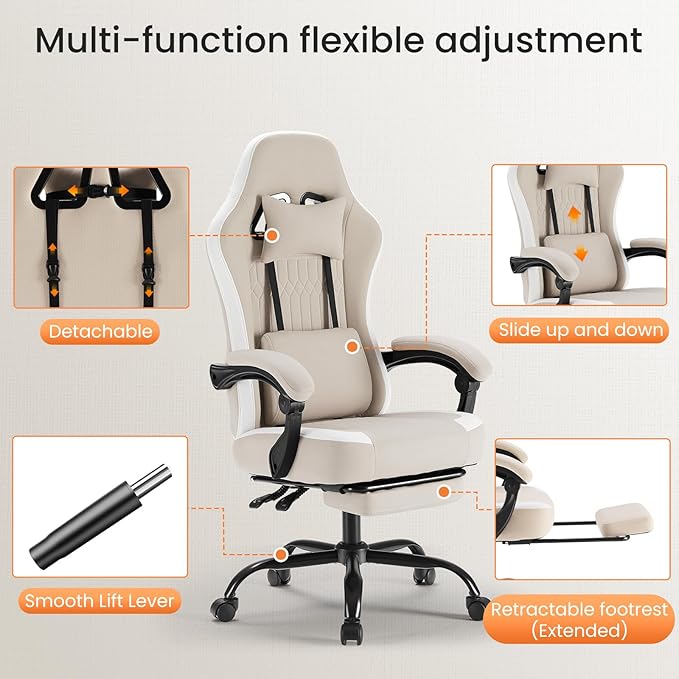 Sweetcrispy Computer Gaming Chair - High Back Ergonomic Desk Chair with Footrest and Lumbar Support Height Adjustable Task Chair with Linkage Armrests and Headrest 360°Wheels Fabric Khaki