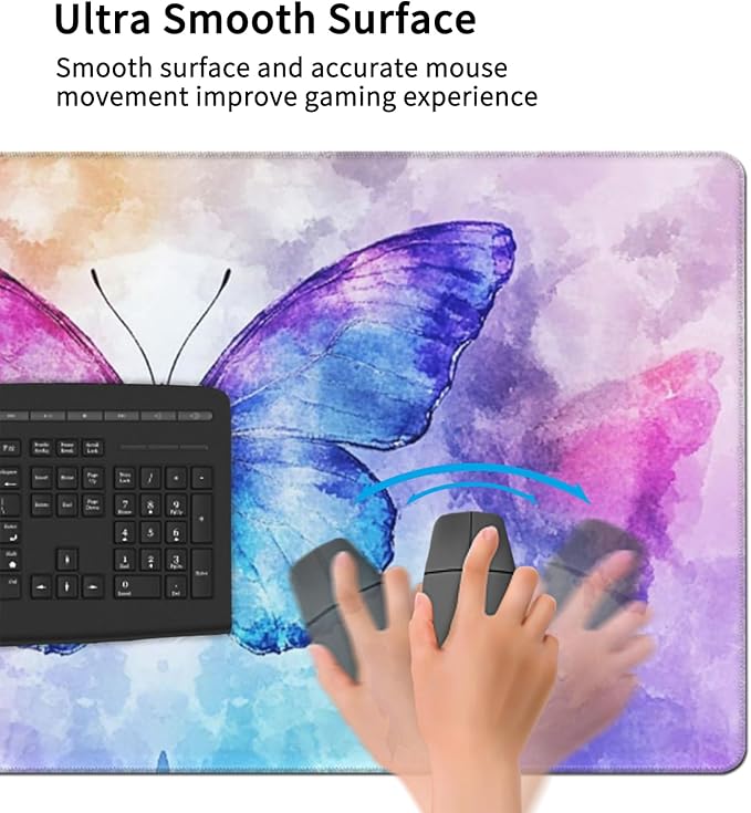 Extra Large Butterfly Mouse Pad 48x24 Inch – 3XL Huge Waterproof Desk Mat with Non-Slip Rubber Base &amp Stitched Edges Full Coverage Mousepad Keyboard Mat for Work Game Office(Purple XXXXL)