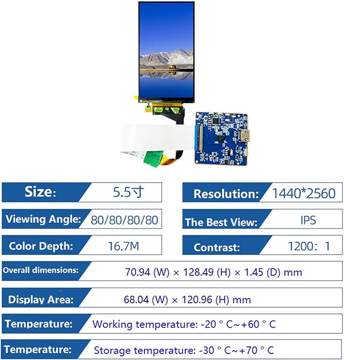 DAGIJIRD 5.5 Inch 1440X2560/2K LCD Screen LS055R1SX04 with Backlight MIPI LCD Controller Board for 3D Printing