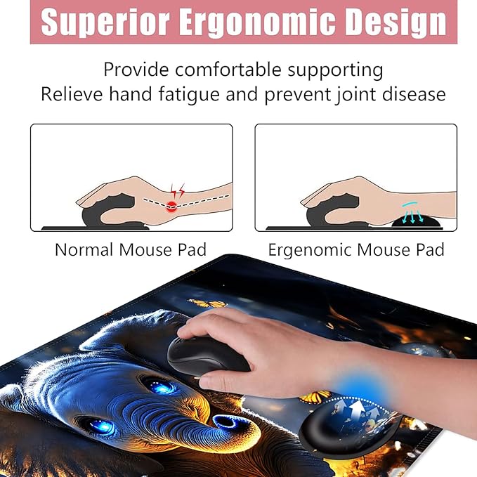 Large Keyboard Mouse Pad Set Extended Mouse Pad+Keyboard Wrist Rest Support Memory Foam Ergonomic Easy Typing 4Pcs (31.5×11.8 in) Desk Pad Set for Office HomeCute Elephant with Butterflies