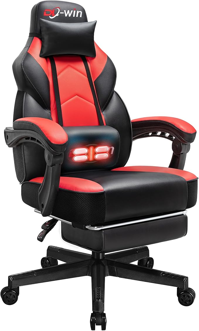 Gaming Chair Office Chair with Footrest and Lumbar Support Height Adjustable Game Chair with 360°-Swivel Seat and Headrest and for Office or Gaming (Deep Red)