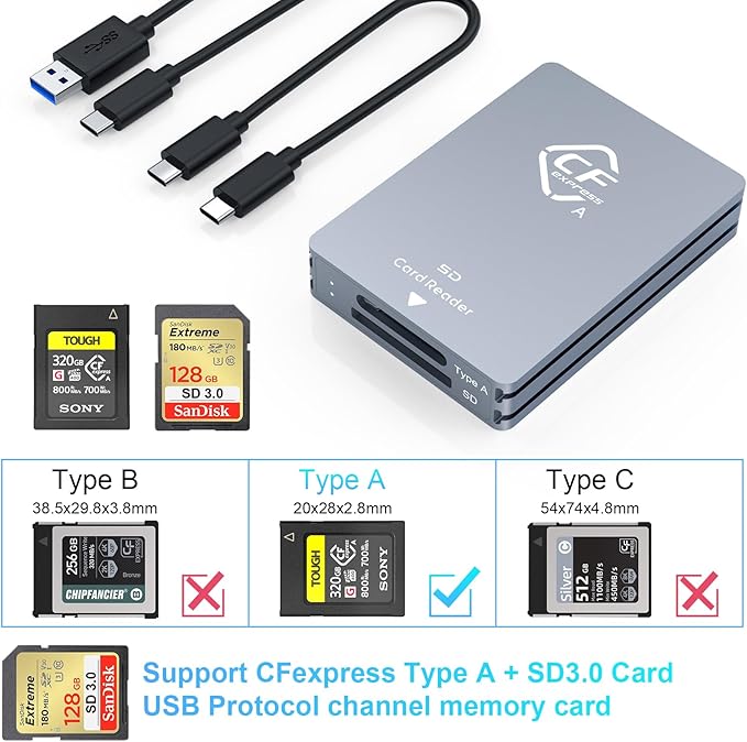 CFexpress Type A and SD Dual-Slot Memory Card Reader 10Gbps USB 3.2 Gen 2 Type A CFexpress Adapter Memory Card Reader with USB C to USB C/USB A CableCompatible with Windows/Mac/Linux/Android