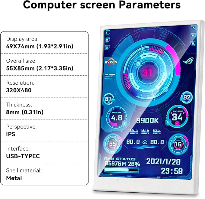 3.5 Inch IPS USB Mini Screen No Installation AIDA64 Pc Case Screen Computer Temp Monitor PC Temperature Display with Stand USB Cable Manual (1PcsWhite)