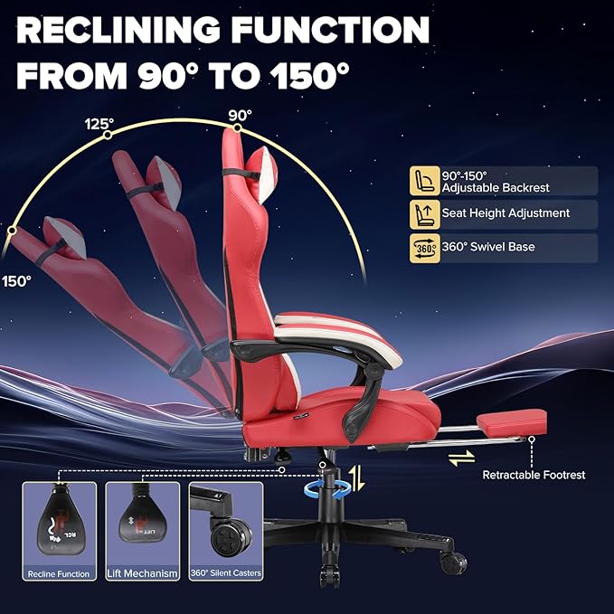 GTPLAYER Gaming Chair Computer Office Chair Lumbar Support Linkage Armrests and Footrest Ergonomic Game Chair for Adults with Extended Backrest Faux Leather Red