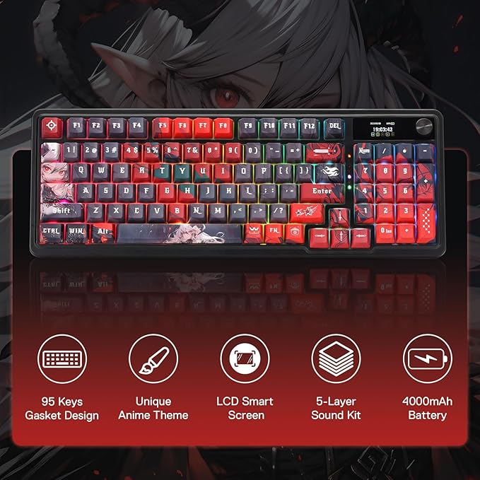 Redragon K719 PRO Wireless Gasket Gaming Keyboard w/Hype Screen &amp Knob 95 Keys Mechanical Keyboard Easy-Control 1.14’’ TFT Info Display 5-Layer Noise Dampening Custom Linear Switch Anime Edit