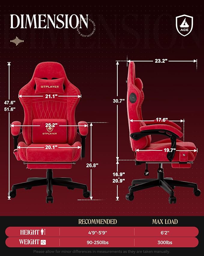 GTPLAYER Gaming Chair with Speakers Video Game Chairs with Footrest PC Gamer Chairs for Adults - Padded High Back Ergonomic Reclining Silla Gamer Linkage Armrest Ace Pro Cherry Red（Velvet）