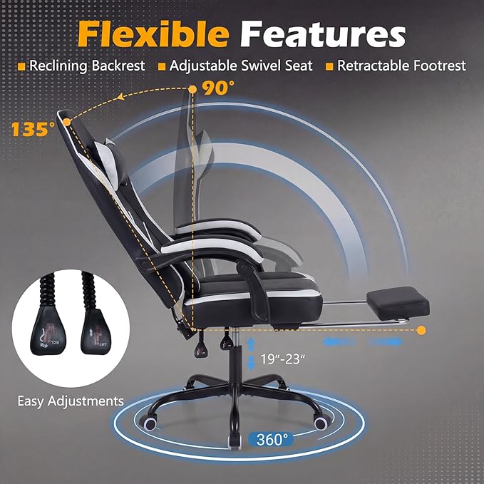 Giantex Gaming Chair Height Adjustable Computer Desk Chair with Headrest Lumbar Support Linkage Armrests Reclining Backrest &amp Footrest Ergonomic Office Chair Video Game Chair (Black)