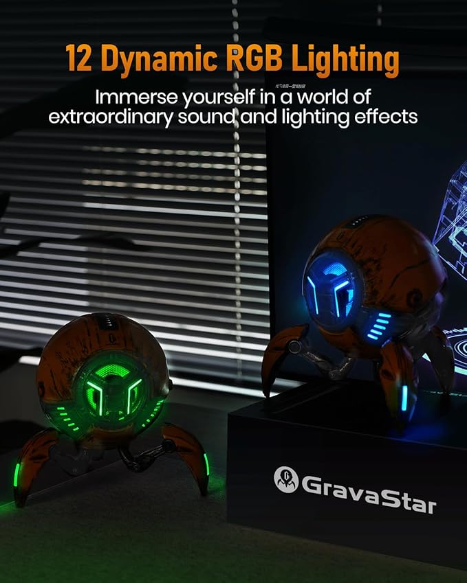 GravaStar Loudspeakers Mars Pro Portable Bluetooth Speaker New Version Deep Bass Loud Stereo Sound 15H Playtime 6 RGB Lights Dual Pairing Portable for Home Outdoors Party Camping Home Gifts