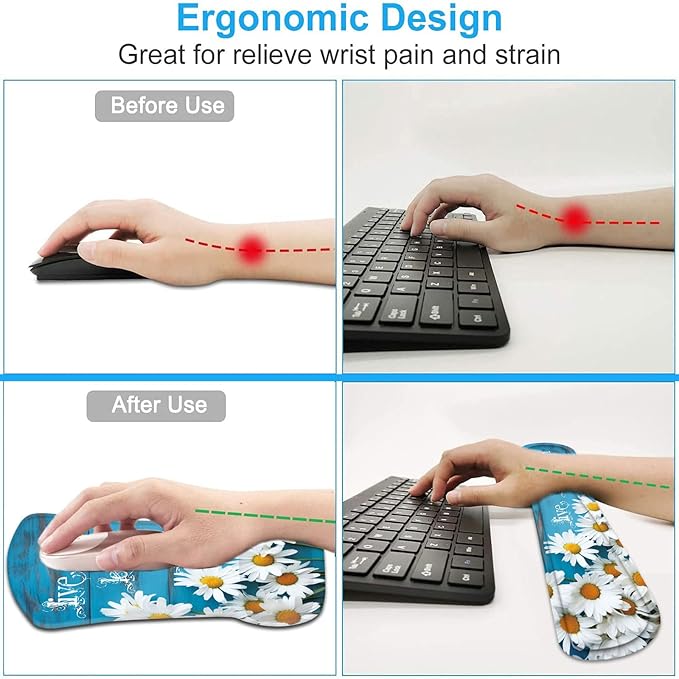 Keyboard Wrist Rest and Mouse Wrist Rest Pad with CoasterMade of Memory FoamErgonomic SupportEasy Typing &amp Pain Relieffor Home Office Working StudyingDaisy Flowers Quote Live Love Laugh