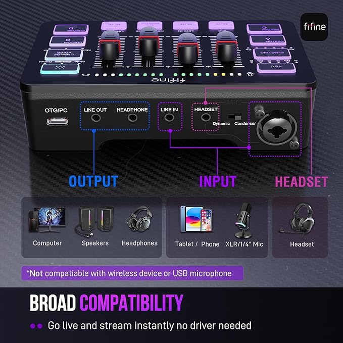 FIFINE XLR/USB Microphone Set with Gaming Audio Mixer Metal Sturdy Mic Arm Stand Over-Ear Wired Headphone for Streaming Podcast Recording