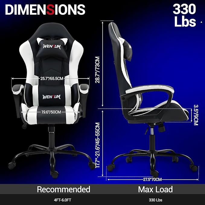 Gaming Chair PU Leather Massage PC Video Game Chair with Lumbar Support for Men Women Home Office Height Adjustable Ergonomic High Back White