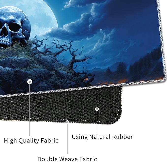 4 in 1 Mouse Pad Combo Large Gaming Mouse Pad + Keyboard Wrist Support + Mouse Wrist Rest + Coaster Table Pad 31.5 x 11.8 with Memory Foam Ergonomic Wrist Pad Set Blue Skull Moon