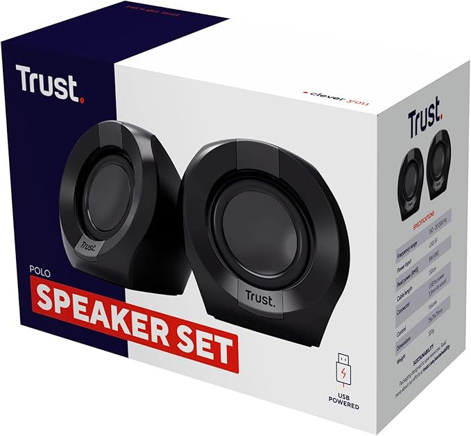 Trust Polo Small PC Speaker 2.0 8 W (4 W RMS) Compact Speaker Set USB Operated Speaker Set Integrated Control AUX 3.5 mm PC Boxes Computer Laptop Black