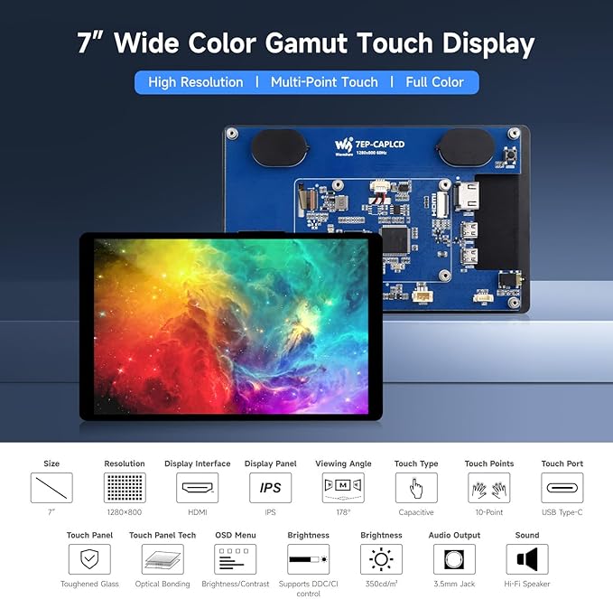 waveshare 7inch Wide Color Gamut Capacitive Touch Display Compatible with Raspberry Pi 5/4B/3B/Zero/Zero W/Zero 2W/Pico/Pico Supports Windows 11/10/8.1/8/7 and Jetson Nano/TX2/Xavier N/Orin