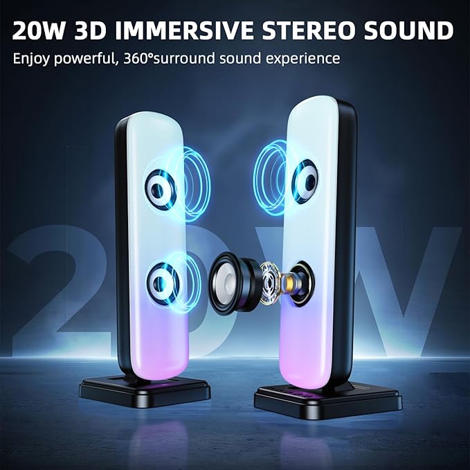 NJSJ Computer Speakers for Desktop 20W Hi-Fi Stereo Gaming Speakers with Bluetooth &amp 3.5mm Aux-in Connection Controllable RGB Lights AC Adapter Powered PC Speakers for Laptop Monitors Phones
