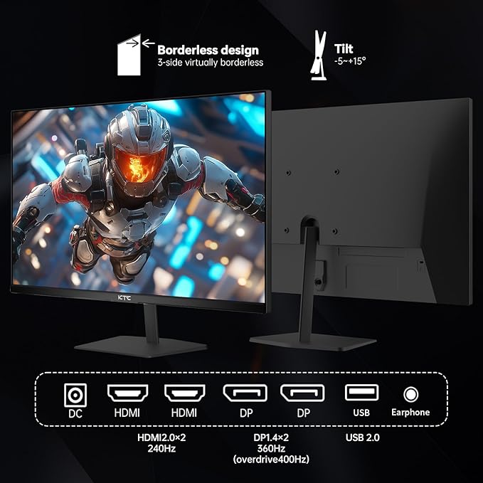 KTC 24.5 Inch 400Hz Gaming Monitor FHD 1080P 240Hz Computer Monitor Fast IPS FreeSync/G-Sync Compatible HDR400 DisplayPort x2 HDMI x2 VESA Tilt AdjustableH25X7