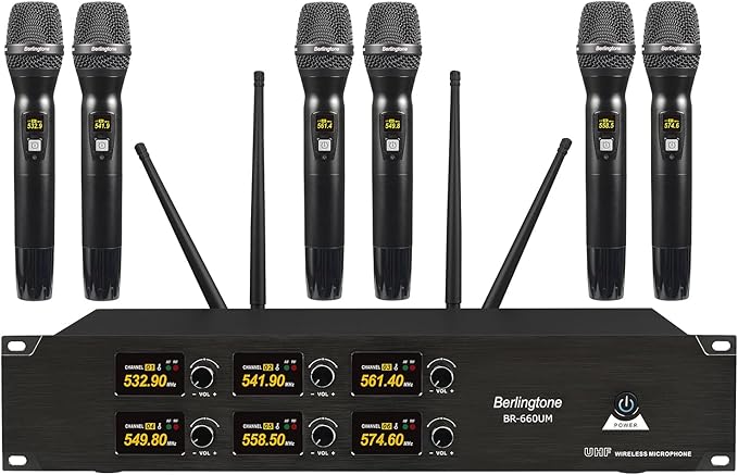 Professional 6-Channel UHF Wireless Microphone System Cordless Metal Handheld Dynamic Mics Perfect for Karaoke Church Singing DJ 262ft Range (BR-660UM)