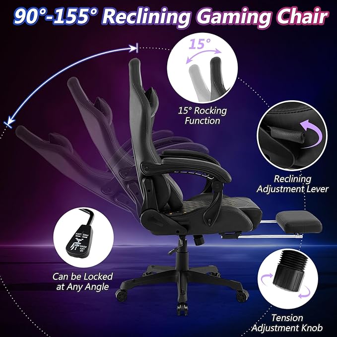 Giantex Gaming Chair High Back Video Game Chair with Footrest Headrest &amp Lumbar Support Ergonomic Computer Chair w/Rocking Function Height Adjustable Swivel Task Chair Black