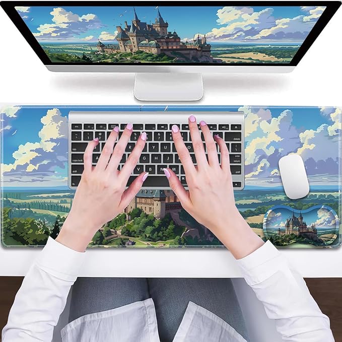 Large Gaming Mouse Pad + Wrist Rest + Lace Coaster Non-Slip Set with Sewn Edges and Waterproof Expandable Desktop Pad Suitable for Office/Home Castle in Forest
