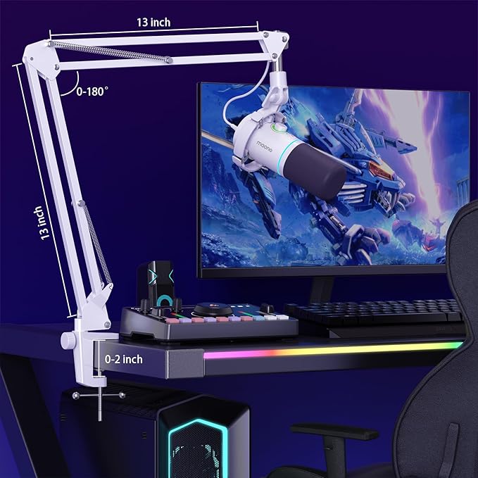 MAONO XLR/USB Dynamic Microphone Kit RGB Podcast Mic with Software Mute Gain Knob Volume Control Boom Arm for Streaming Gaming Voice-Over Recording-PD200XS White