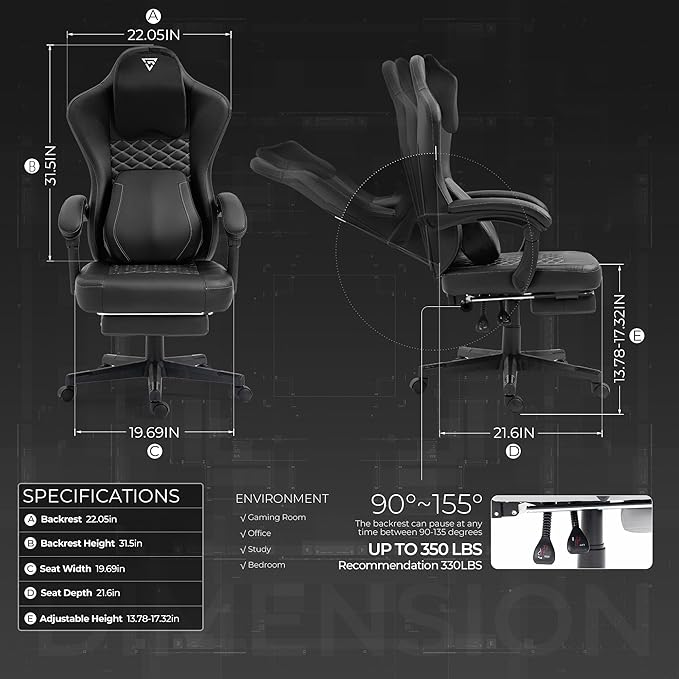 Gaming Chair with Footrest and Heating Massage Ergonomic Video Game Chair 360° Swivel Computer Office Chairs with Adjustable Height &amp Headrest &amp Lumbar Pillow 350 Lbs (Black)