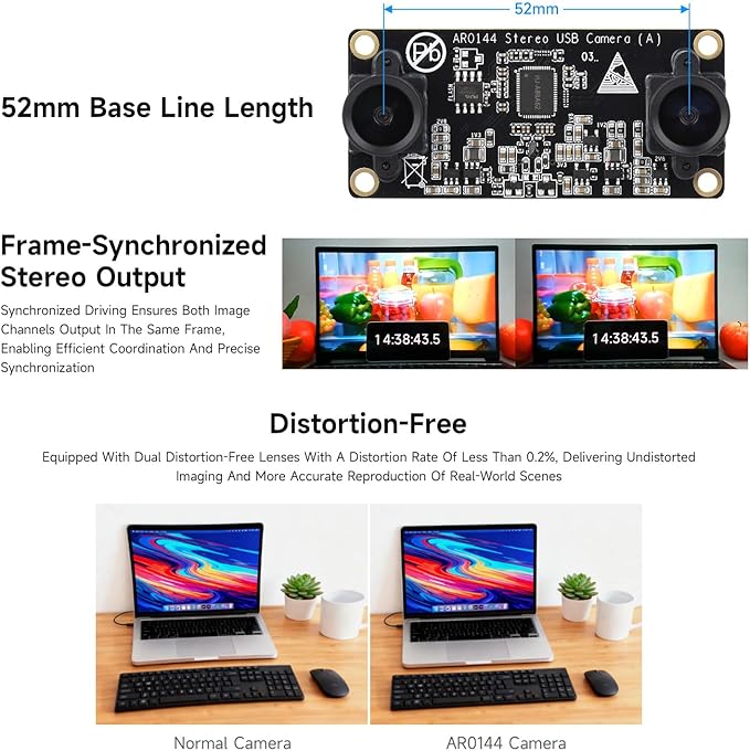 Waveshare AR0144 2MP Stereo USB Camera Module AR0144 Sensor Chip USB2.0 Port Synchronized Same-Frame Output 52mm Baseline Featuring Distortion-Free Lenses