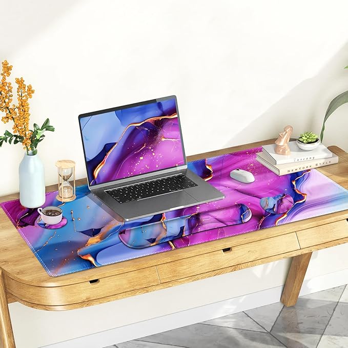 Large Gaming Mouse Pad Set 4 in 1 Ergonomics Keyboard Desk Mat with Memory Foam Wrist Rest Computer PC Extended Game Mousepad Non-Slip Desk Pad Matt Easy Typing Pain Relief I Colorful Marble