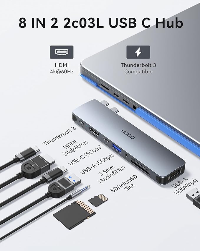 USB C Adapter Hub for MacBook Pro Air 2025-2018 Mac Adapter Multiport for MacBook 13 15 16 Mac Accessories Hub 8 in 2 with HDMI Thunderbolt 3 USB-C USB 3.0 2.0 SD/TF Card Reader