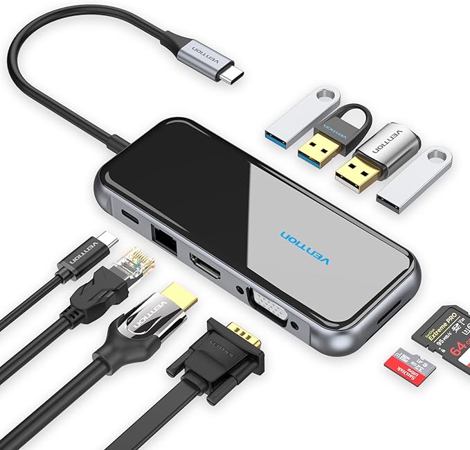 VENTION USB C Docking Station Dual Monitor - 10 in 1 USB C Hub Multiport Adapter with 4K HDMI VGA 100W PD 4 USB Ports Gigabit Ethernet SD/TF Card Reader for MacBook Pro Air Dell XPS HP