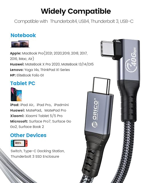 ORICO Cable Compatible with Thunderbolt 4 Right Angle 6.56Ft40Gbps USB C to USB C Cable 100W Charging/Diaply 8K@60Hz Compitable with MacBooks iPad Pro Thunderbolt 4/3 and USB-C Device