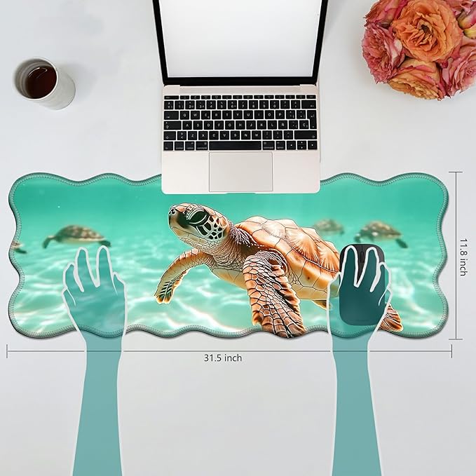 Turtle Swimming Desk Mat Mouse Pad 31.5 x11.8 XL Extended Mousepad Huge Mouse Pads with Stitched Edges Desk Pad for Work Game Office Home