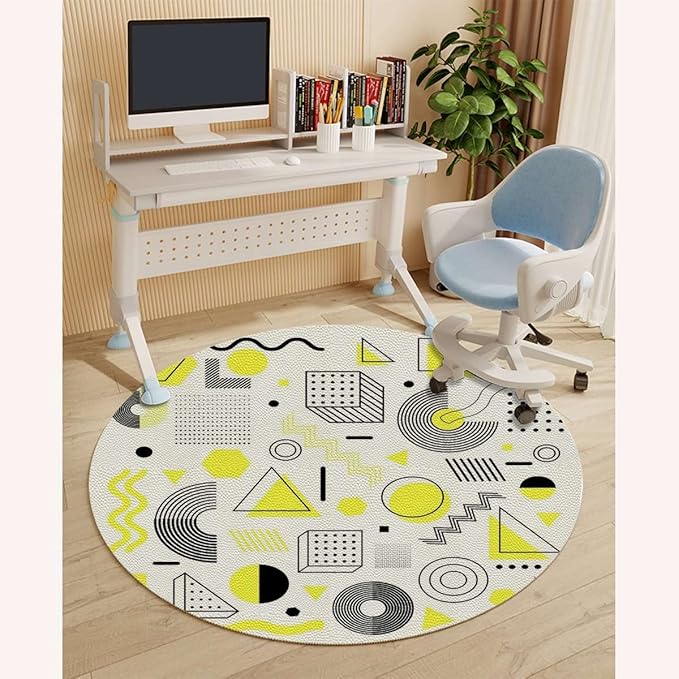 Yellow PU Leather Chair Mat for Hard Floors 90s Geometric Pattern Navy Protects FloorsSuitable for HomeWorkGameNon-Slip Not Stuck WheelEasy to Clean Valentines Diameter 59 in