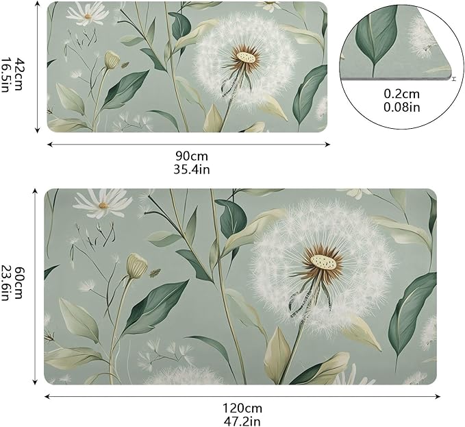 Mouse Pad Desk Mat Leather Desk Pad Large Gaming Desk Cover Protector Mat for Keyboard Computer Laptop Office Waterproof 35.4 x 16.5 Inch Sage Green Dandelion