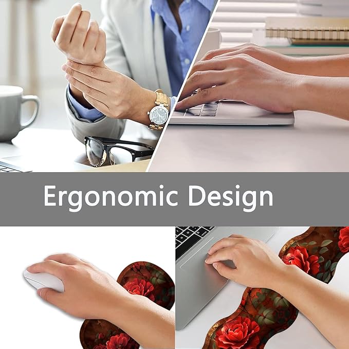 Large Gaming Mouse Pad + Keyboard Wrist Rest + Wrist Support + Coaster Set Memory Foam Ergonomic for Easy Typing XXL Extended Gaming Mouse Pad Table Pad - Red Rose