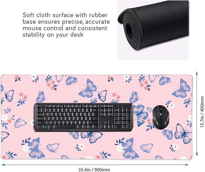 Pink Butterfly Large Mouse Pad Gaming Mousepad with Wrist Support Rubber Computer Keyboard Mat for Desk Laptop Non-Slip Full Deskmat Protector Waterproof Writing Pad Office Home 16x35.5 in