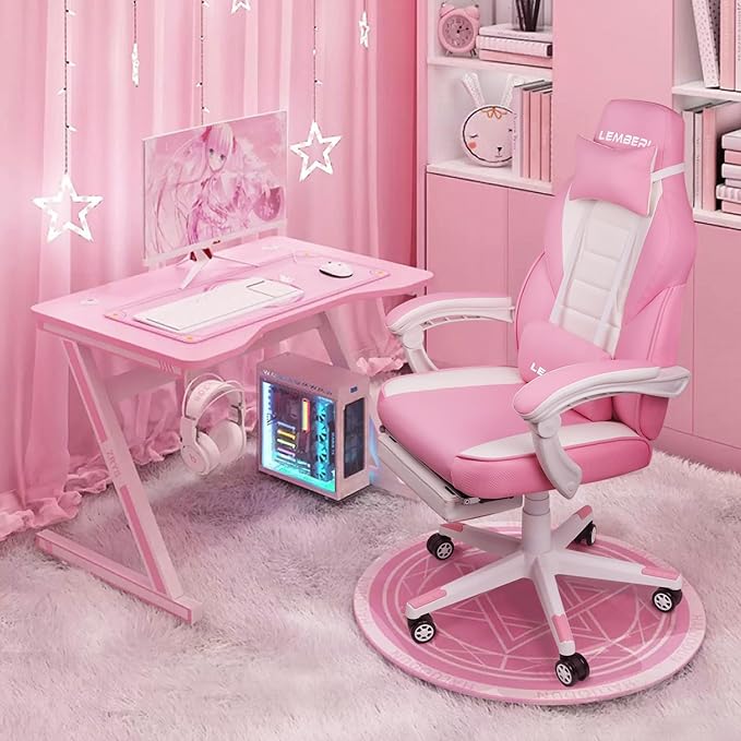 LEMBERI Pink Gaming Chair with footrest Kawaii Cute Pink Gamer Chair for GirlGirls Video Game ChairsComputer Gaming Chair with Headrest and Lumbar Support
