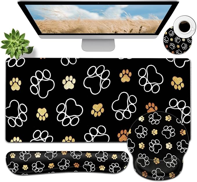 Large Mouse Pad Ergonomic Mouse Pad with Wrist Rest and Keyboard Wrist Rest 4 in 1 Set 31.5 x11.8 inch Extended Desk Pad for Home Office Gold White Cute Dog Paws Prints Black XXL Gaming Mouse Mat
