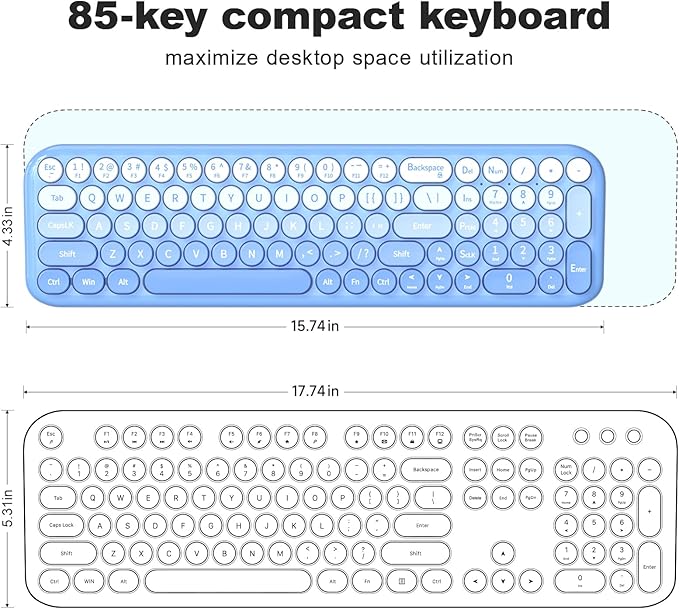 Wireless Keyboard and Mouse Combo MOWUX Compact Typewriter Retro Round Computer Keyboard Cute Optical Mouse Wireless Plug and Play for Laptop PC Computer- Blue Gradient