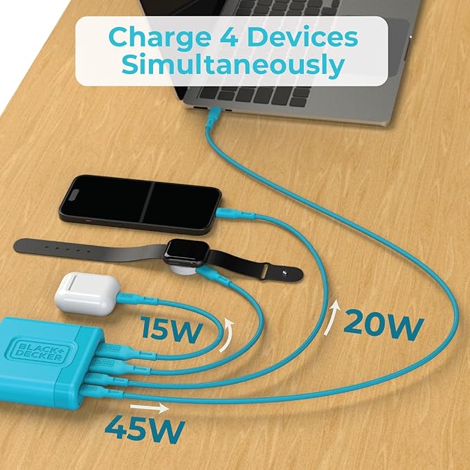 BLACK+DECKER USB C Fast Charger 65W 4 Port Type USB C Charging Station Hub Block TypeC Wall Charger Power Strip Adapter Plug 2 USBC 2 USBA for iPad iPhone 17 16 15 14 Pro Max Pixel Note Galaxy Blue