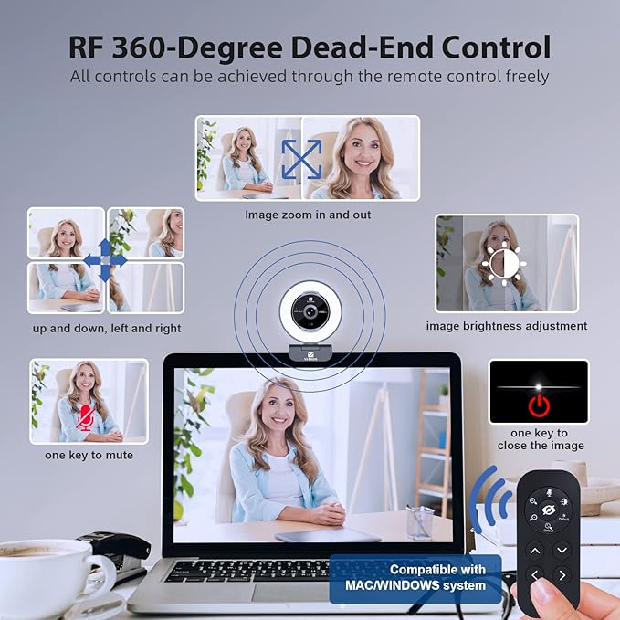 Zoomable Webcam with Remote Control 1080P 60FPS Streaming Webcam with Adjustable Ring Light and Tripod Pro USB 5X Digital Zoom Webcam for Zoom/Skype Teams/Laptop/Mac Windows