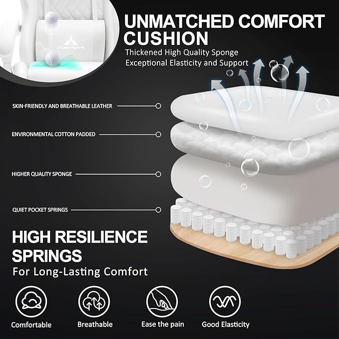 White Gaming ChairErgonomic Massage Computer Office Desk Chair with FootrestPocket Spring CushionReclining Leather Adjustable Gamer Chair with Headrest and Lumbar SupportWhite