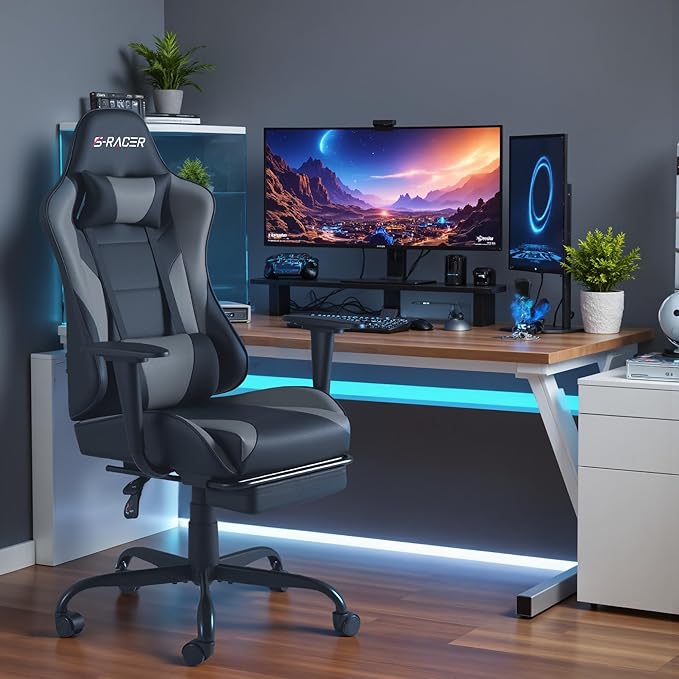 Homall Gaming Chairs Computer Chair with Footrest and Massage Lumbar Support Height Adjustable Game Chair with Headrest and Swivel Seat (Light Grey)