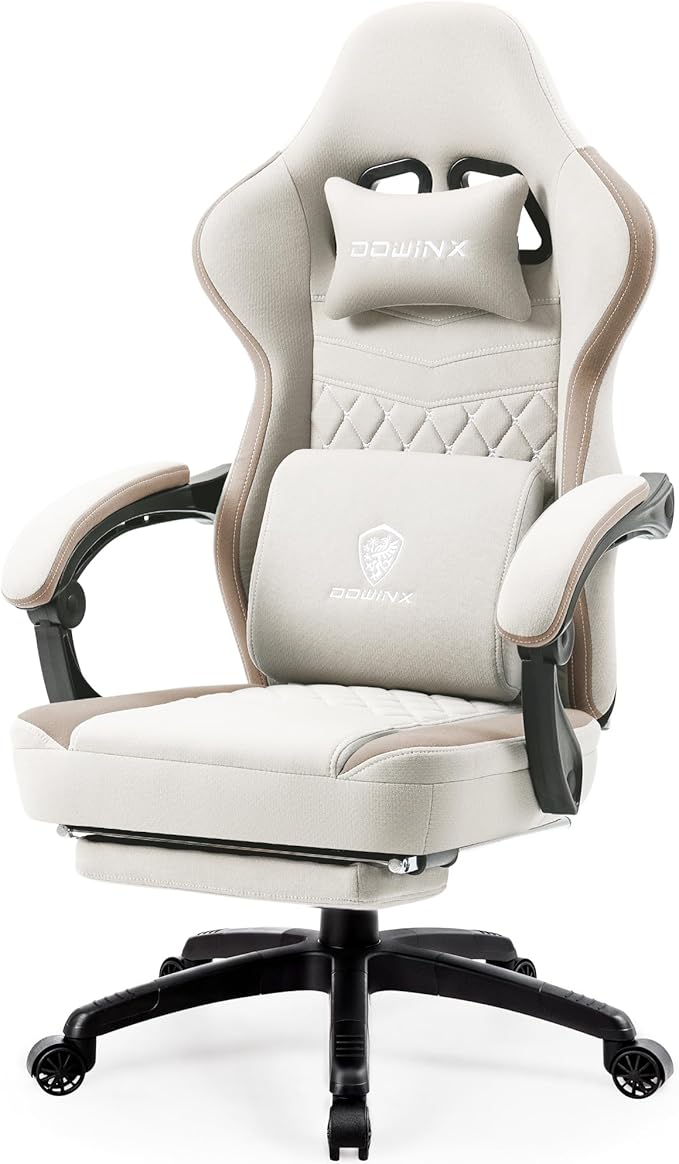 Dowinx Gaming Chair Breathable Fabric Computer Chair with Pocket Spring Cushion Comfortable Office Chair with Gel Pad and Storage BagMassage Game Chair with FootrestBeige